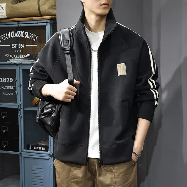 前进牛 秋季美式经典复古潮流潮牌重磅中性风开衫立领休闲户外外套宽松条纹运动百搭潮卫衣 男款