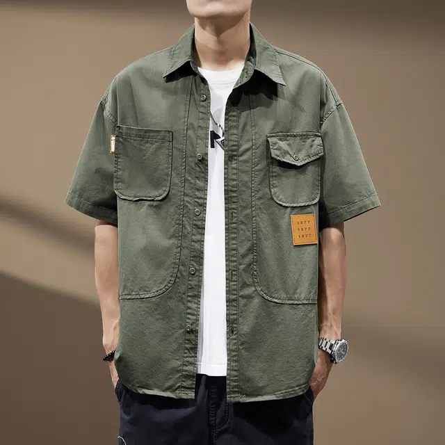 贵色 凉感户外叠穿大码痞帅美式复古潮牌多口袋工装纯棉水洗宽松型短袖衬衫 男女同款