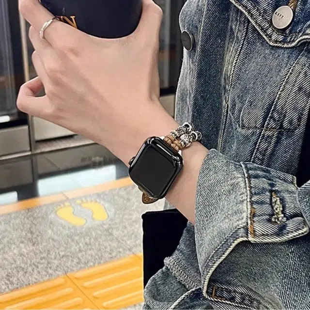 老佳 苹果适用 手表表带 皮质材质 串珠复古单圈皮带男女通用