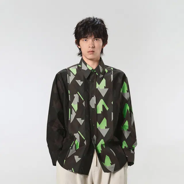 速写 撞色复古印花长袖衬衫 男女同款