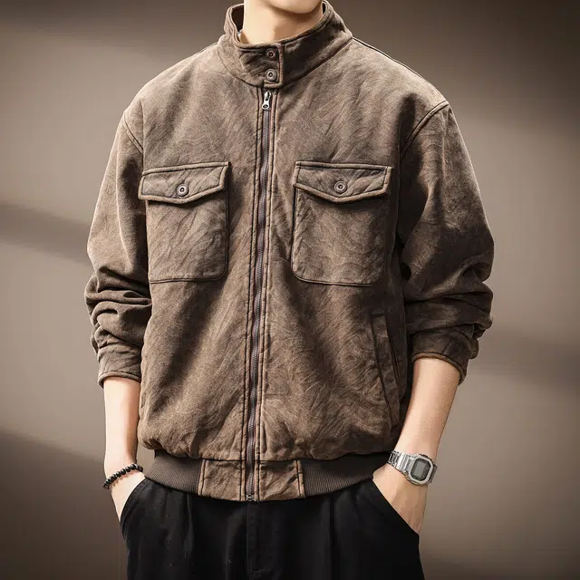 贵色 美式高端复古斑马纹高街风工装立领时尚都市痞帅洗褪蜡感皮夹克 男女同款