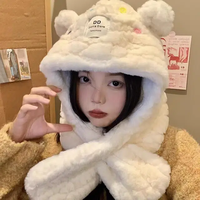 恩僾德 日系可爱小熊耳朵围巾一体显脸小高颜值两件套女冬季保暖百搭 涤纶 斗篷帽 男女同款情侣款