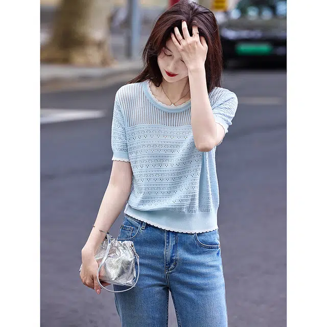 苏醒的乐园 时尚修身薄款小衫甜美镂空花边圆领短袖针织衫 女款