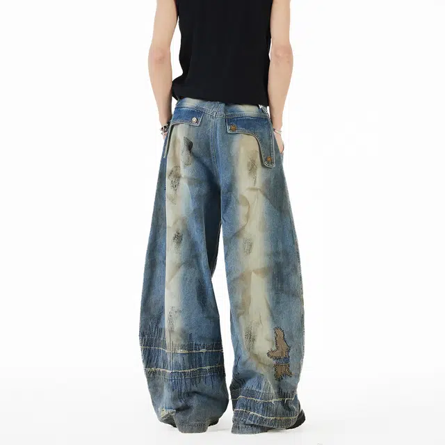 太子龍 美式复古破洞弯刀宽松直筒牛仔裤 男女同款