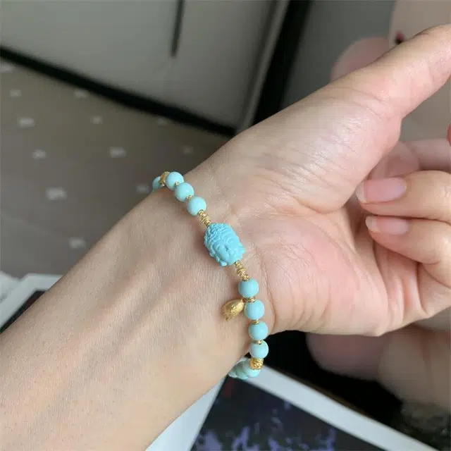 灵运宝 转运招财湖北原矿高瓷蓝观音老型珠一物一图无油无水#好运 绿松石 名贵玉石手链 男女同款情侣款