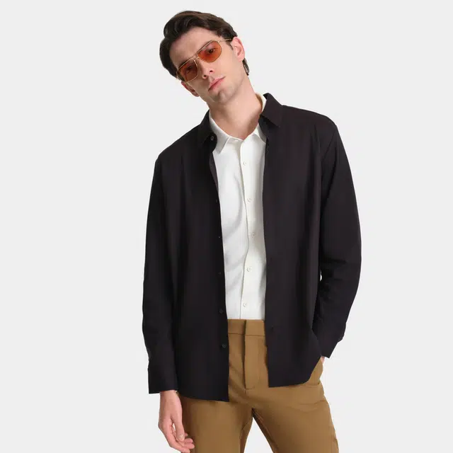 比音勒芬 纯色合身翻领舒适百搭休闲长袖衬衫 男款