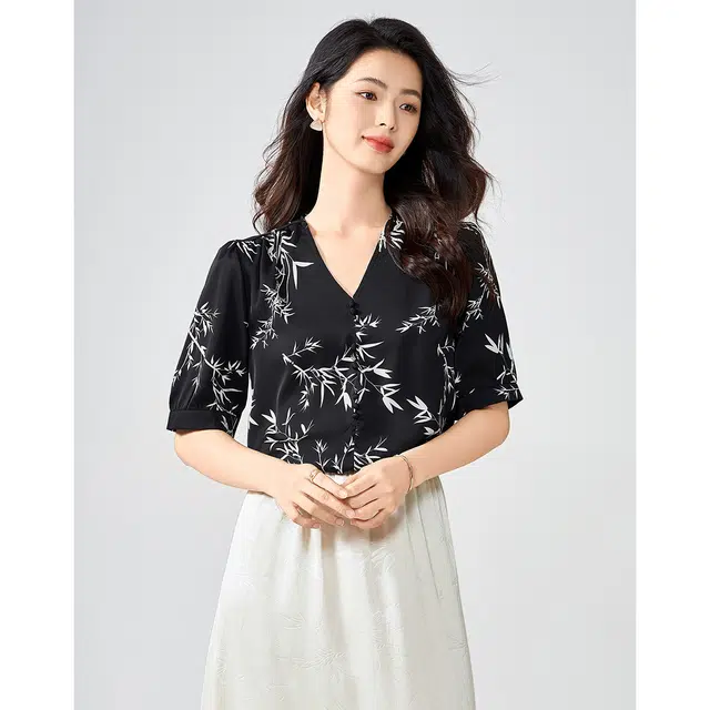 爱依莲 时尚舒适百搭短袖衬衫 女款 黑色