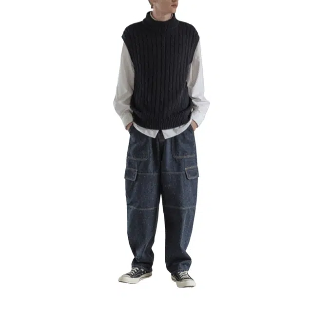 BESLOW LOOSE FIT NEP DENIM CARGO PANTS INDIGO