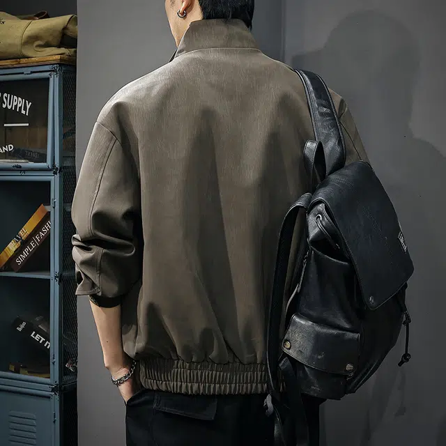 前进牛 美式休闲经典复古潮牌酷飒风立领秋季潮流轻奢酷感宽松休闲高级感防风机车工装外套皮衣 男款