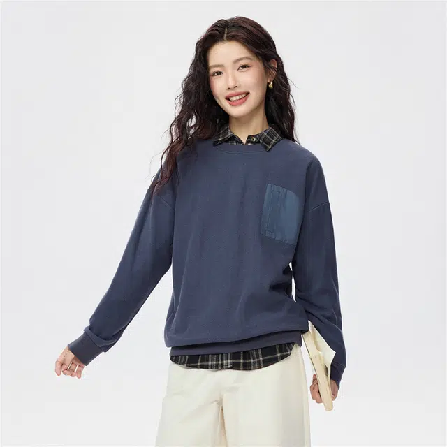 佐丹奴 摇粒绒套头衫拼布假袋圆领抓绒上衣卫衣 女款