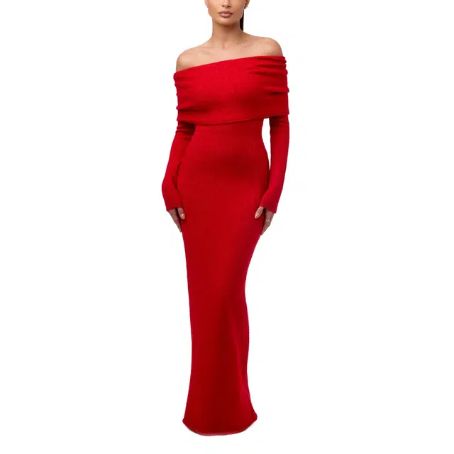 NAKED WARDROBE Boucle Off-Shoulder Maxi Dress Knits