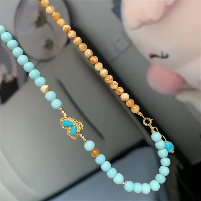 灵运宝 转运招财湖北原矿高瓷金镶蝴蝶老花蜡一物一图无油无水#好运 绿松石 名贵玉石项链 男女同款情侣款