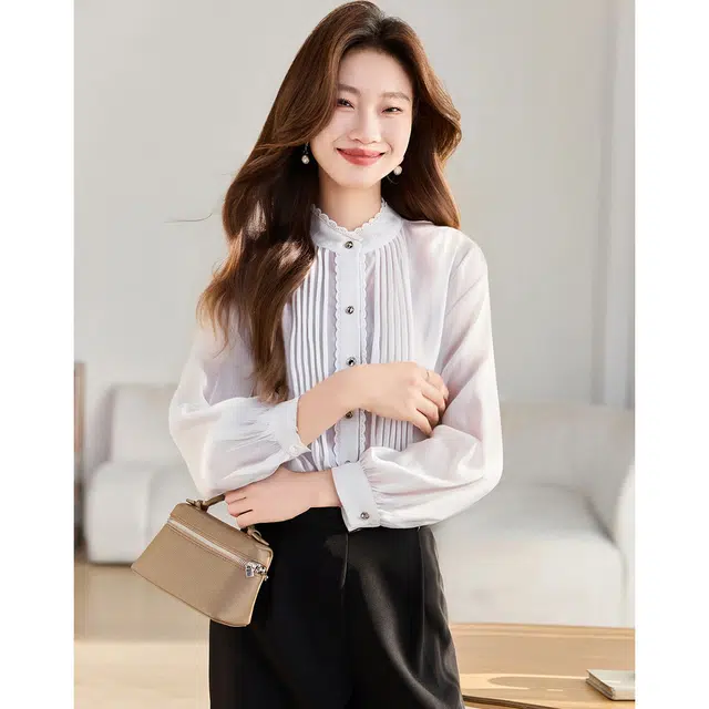 爱依莲 春,秋 时尚百搭别致设计感气质女神范通勤正装上衣长袖衬衣衬衫 宽松 女款