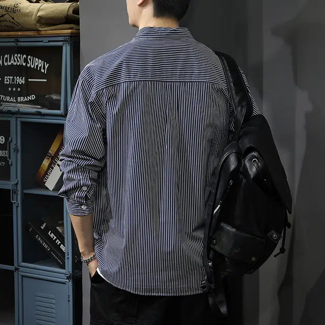 前进牛 美式休闲轻商务高端复古条纹长袖男士休闲百搭衬衫 男女同款