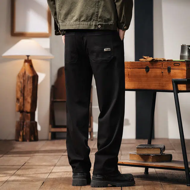 格蓝鹿 美式做旧重磅复古潮牌宽松立体水洗直筒大码垂感休闲工装裤 男女同款 黑色