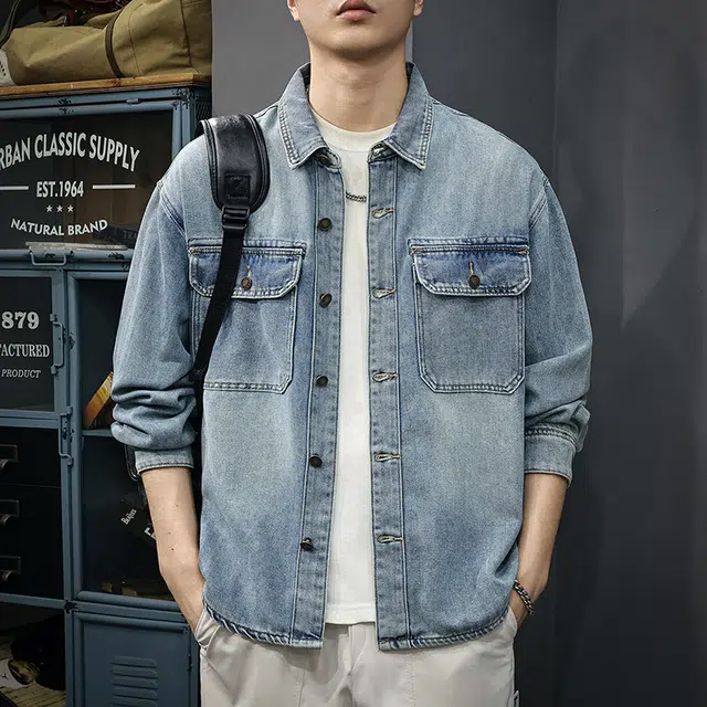 前进牛 秋季阿美咔叽高端复古水洗长袖潮流高街嘻哈街头痞帅宽松休闲牛仔外套 男款