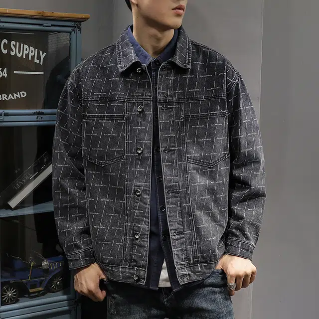 前进牛 秋季美式经典潮牌印花复古上衣宽松大码休闲小众设计感痞帅上衣牛仔外套 男款