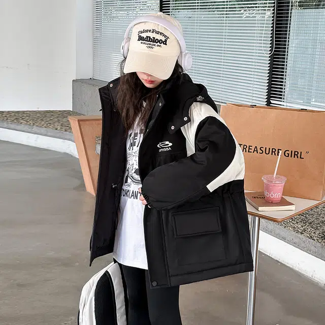 雅鹿棉衣 时尚潮流甜美气质保暖加绒加厚拼色宽松轻盈 黑色 青少年