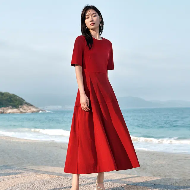 玖姿安娜蔻 极简通勤风莱赛尔收腰显瘦短袖连衣裙 女款