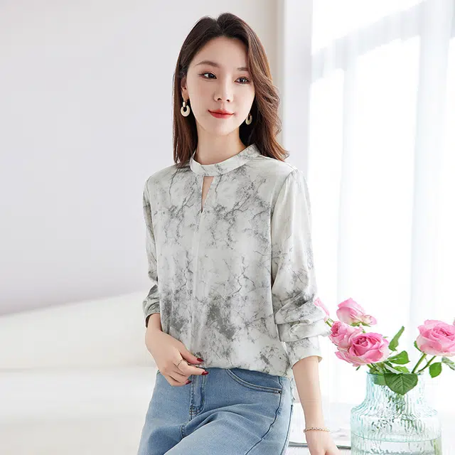 水墨佳人 质感弹力重绉长袖衬衫 女款 灰色