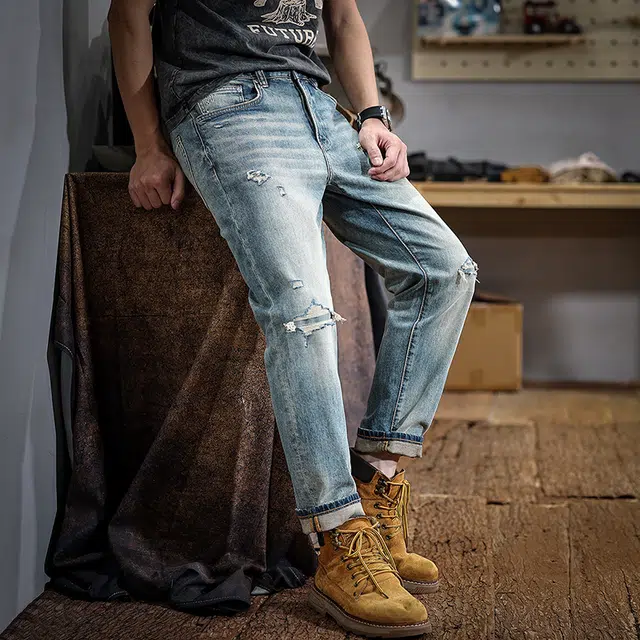 遨宇 秋季美式经典复古潮流潮牌极简风直筒破洞休闲户外百搭牛仔裤 男款