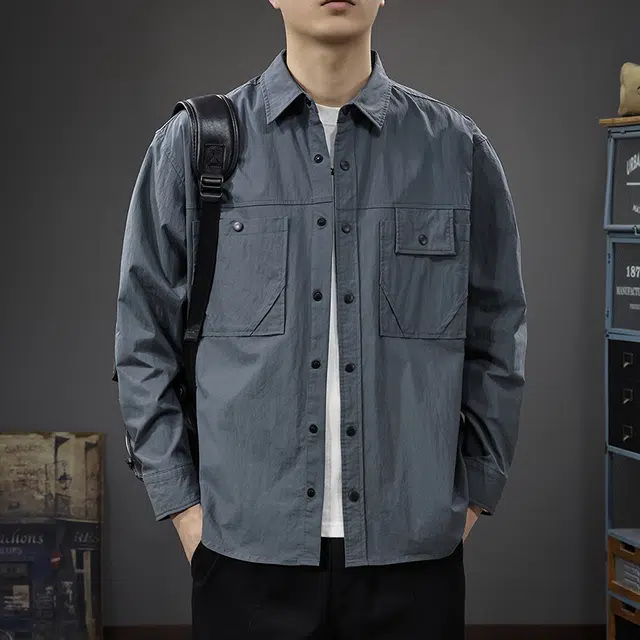 前进牛 美式休闲复潮牌古山系户外工装长袖春季潮流通勤百搭透气开衫宽松衬衫 男女同款