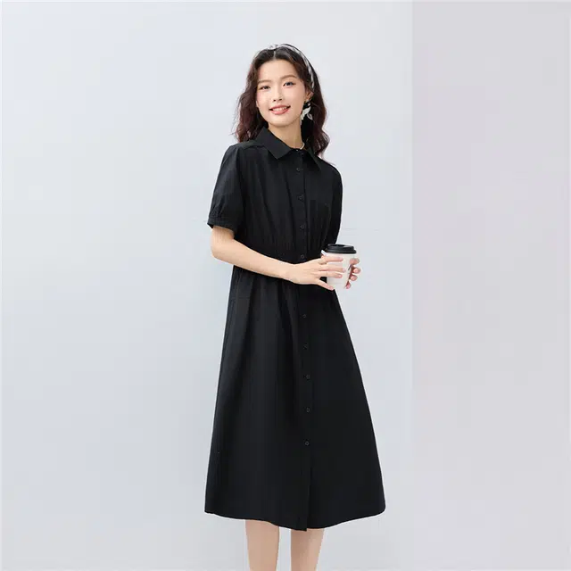 佐丹奴 纯棉府绸打揽收腰衬衫裙翻领短袖连衣裙 女款