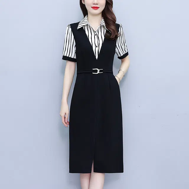 水中花 夏季气质韩版显瘦时尚收腰裙子假两件短袖连衣裙 女款