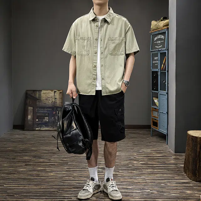 前进牛 美式街头潮牌经典复古水洗扎花薄款牛仔衬衣半袖衫夏季短袖衬衫 男女同款