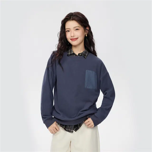 佐丹奴 摇粒绒套头衫拼布假袋圆领抓绒上衣卫衣 女款