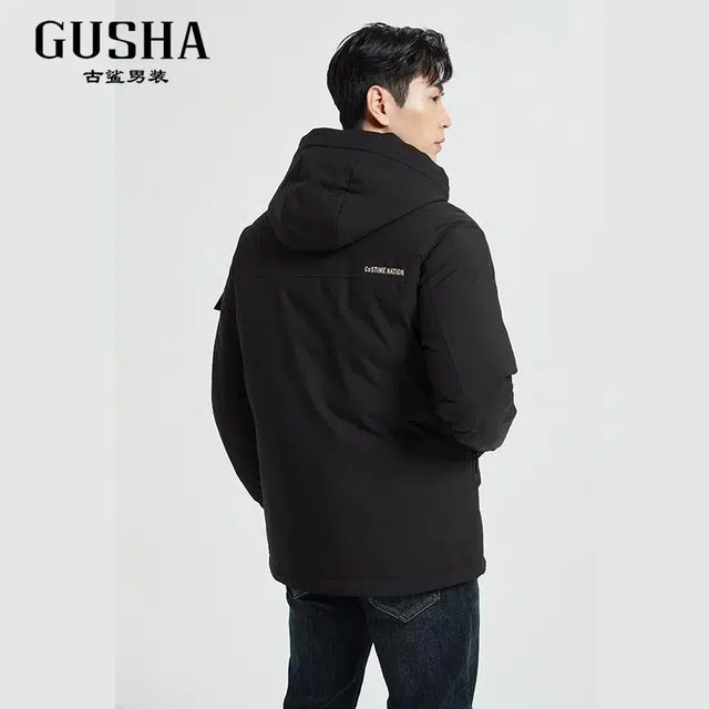 古鲨 户外时尚工装连帽中长款外套羽绒服 男款