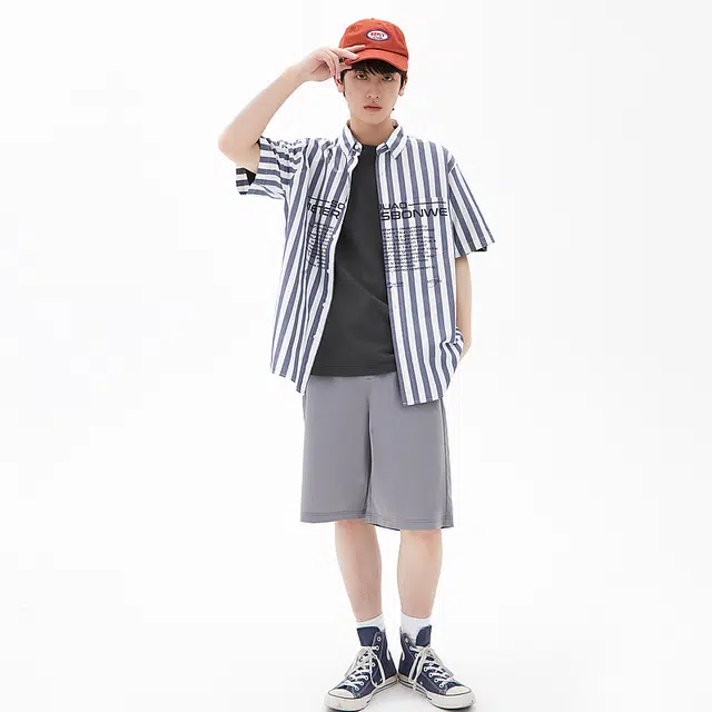 美特斯邦威 印花宽松条纹纯棉休闲短袖衬衫 男款