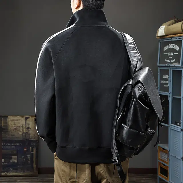 前进牛 秋季美式经典复古潮流潮牌重磅中性风开衫立领休闲户外外套宽松条纹运动百搭潮卫衣 男款