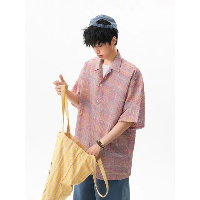 金盾 情侣设计感小众外套泡泡纱美式潮牌格短袖衬衫 男女同款