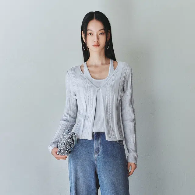 太平鸟 时尚细闪银线肌理感假两件长袖针织衫 女款