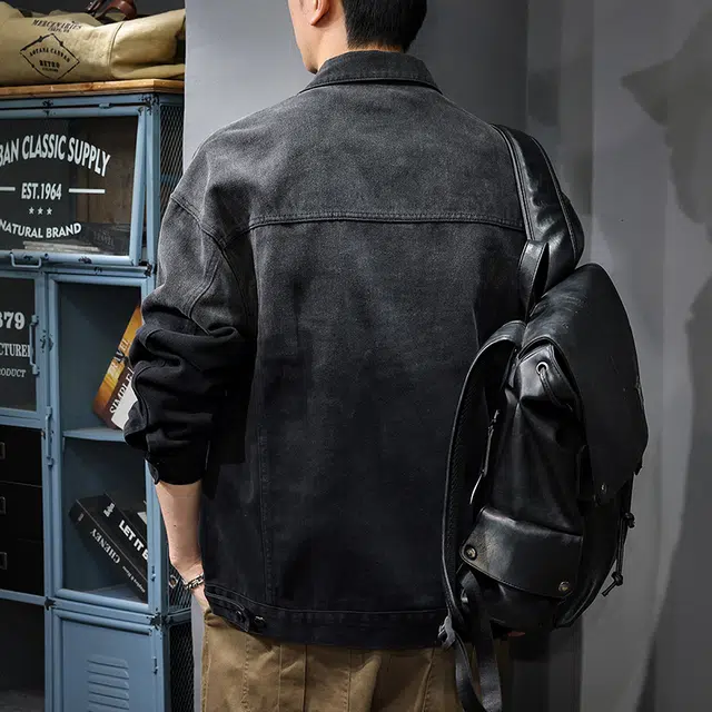 前进牛 美式复古高街潮牌轻奢工装风渐变水洗潮流宽松大码纯棉高级感痞帅工装牛仔外套 男款