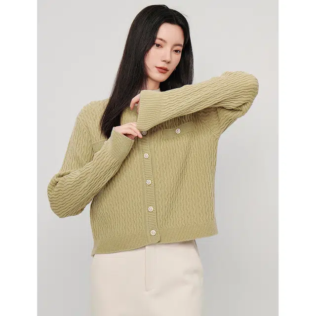 茵曼 法式小香风麻花羊毛衫通勤针织开衫长袖毛衣 女款
