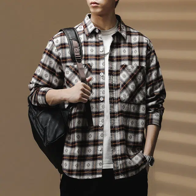 贵色 百搭美式复古格子纯棉长袖衬衫 男女同款