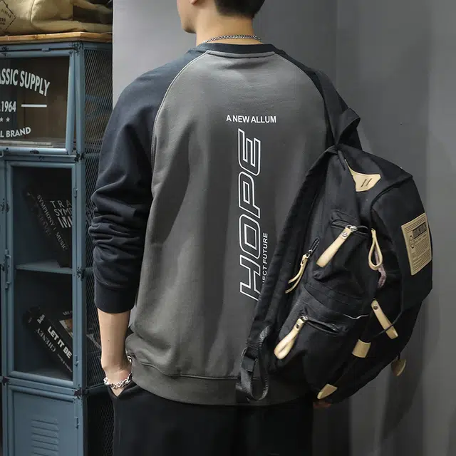 前进牛 秋季美式复古经典重磅极简风撞色插肩袖宽松大码潮流休闲户外百搭印花圆领卫衣 男款