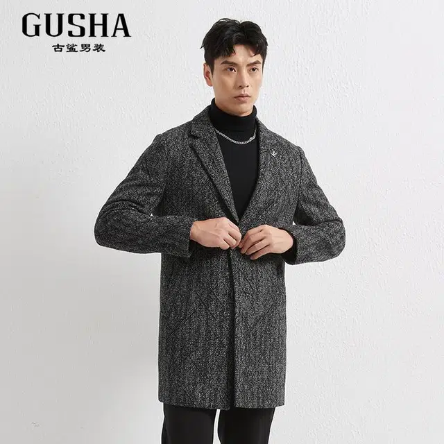 古鲨 羊毛商务时尚毛呢长袖大衣 男款