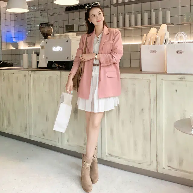 美洋 蝴蝶结 麻感花纱后开叉绑带通勤休闲西装 女