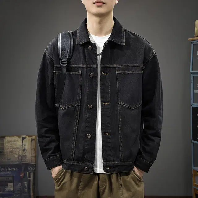 前进牛 美式休闲高街复古潮牌轻奢高级感潮流极简风辑明线牛仔外套 男款