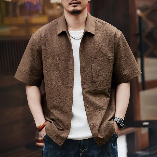 格蓝鹿 高端美式复古薄款凉感山系工装衬衣日系街头潮牌透气吸湿排汗户外露营机能港风短袖衬衫 男女同款