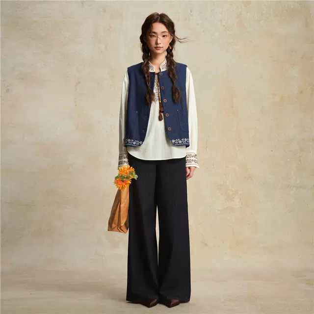 佐丹奴 撞色绣花下摆圆领牛仔外套马甲 女款