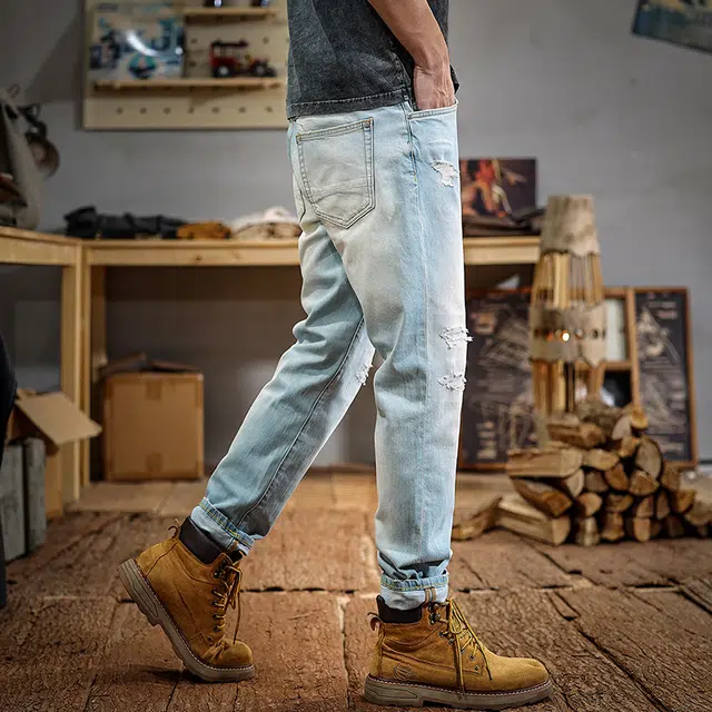 遨宇 高街破洞美式经典复古潮流高街风潮牌做旧水洗小脚裤户外百搭直筒牛仔裤 男款