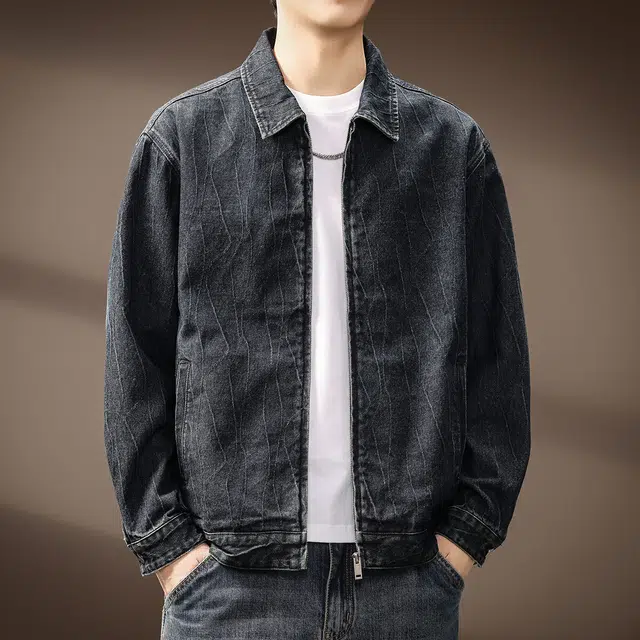贵色 美式复古保暖提花肌理潮牌翻领休闲牛仔外套 男女同款