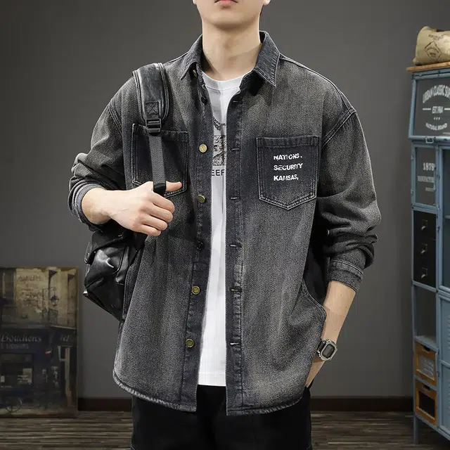 前进牛 美式复古潮牌渐变水洗外穿长袖衬衫男高级感痞帅翻领工装休闲衬衣夹克男牛仔外套 男款