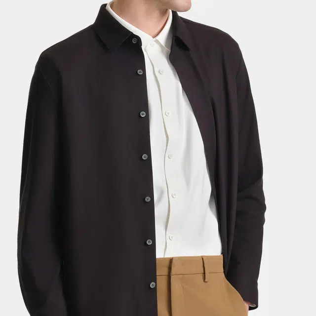 比音勒芬 纯色合身翻领舒适百搭休闲长袖衬衫 男款