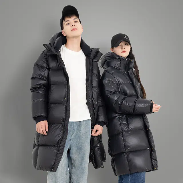 金盾 冬季外套潮流休闲亮面保暖长款连帽棉服 男女同款