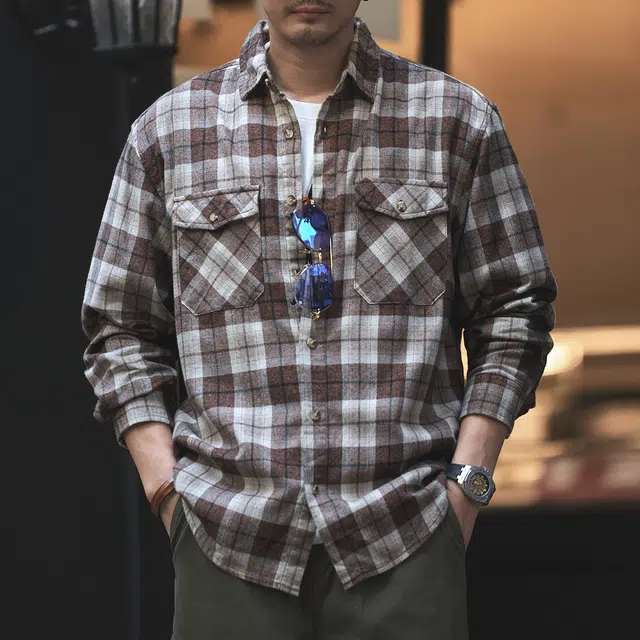 格蓝鹿 极简松弛感简约高街高端日系复古做旧磨毛格子外套长袖衬衫 男女同款